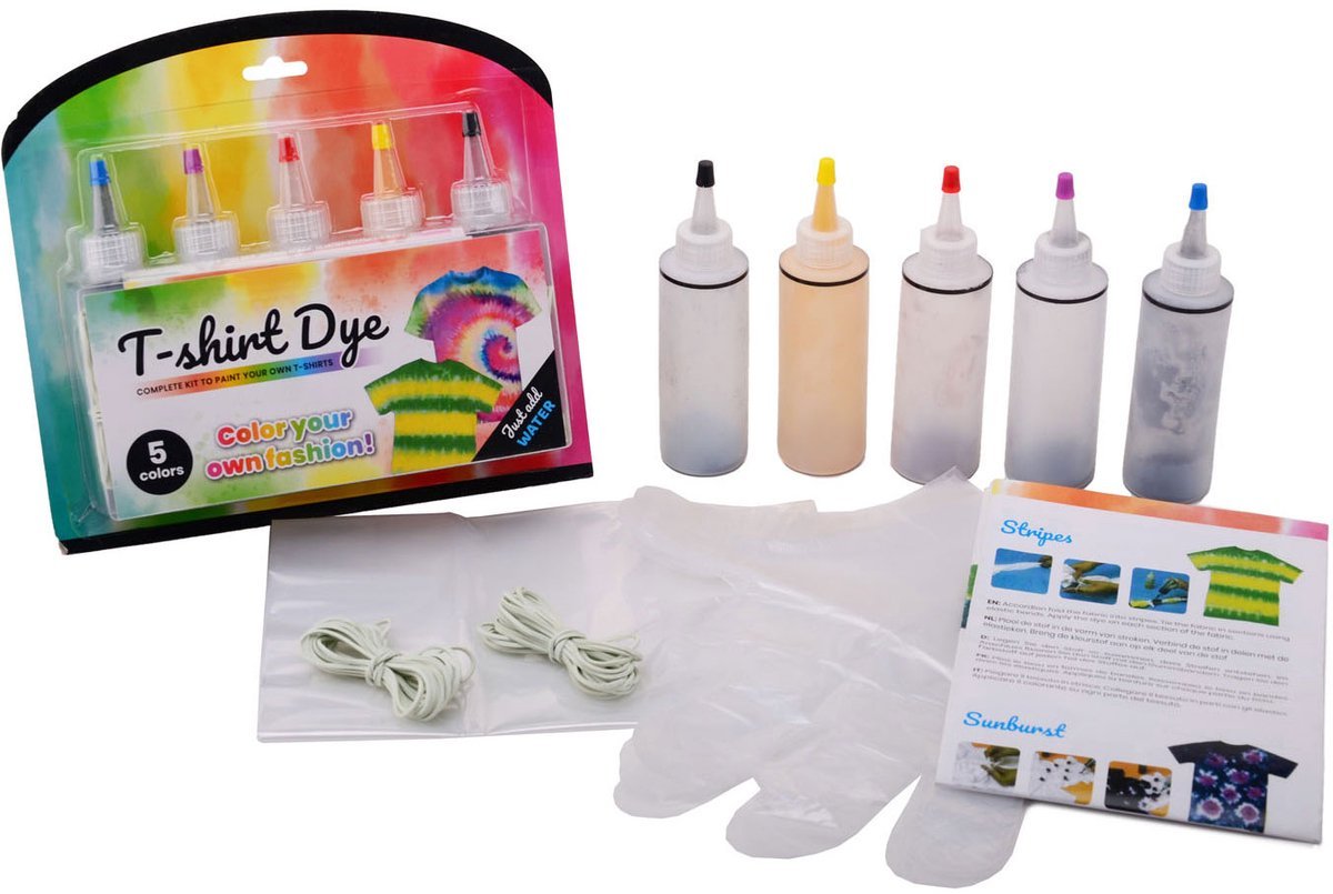 Tie-Dye Set – Complete DIY Verfset voor T-shirts (5 kleuren, elastieken & handschoenen)