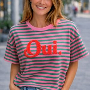 T-shirt | gestreept | groen/roze | Qui