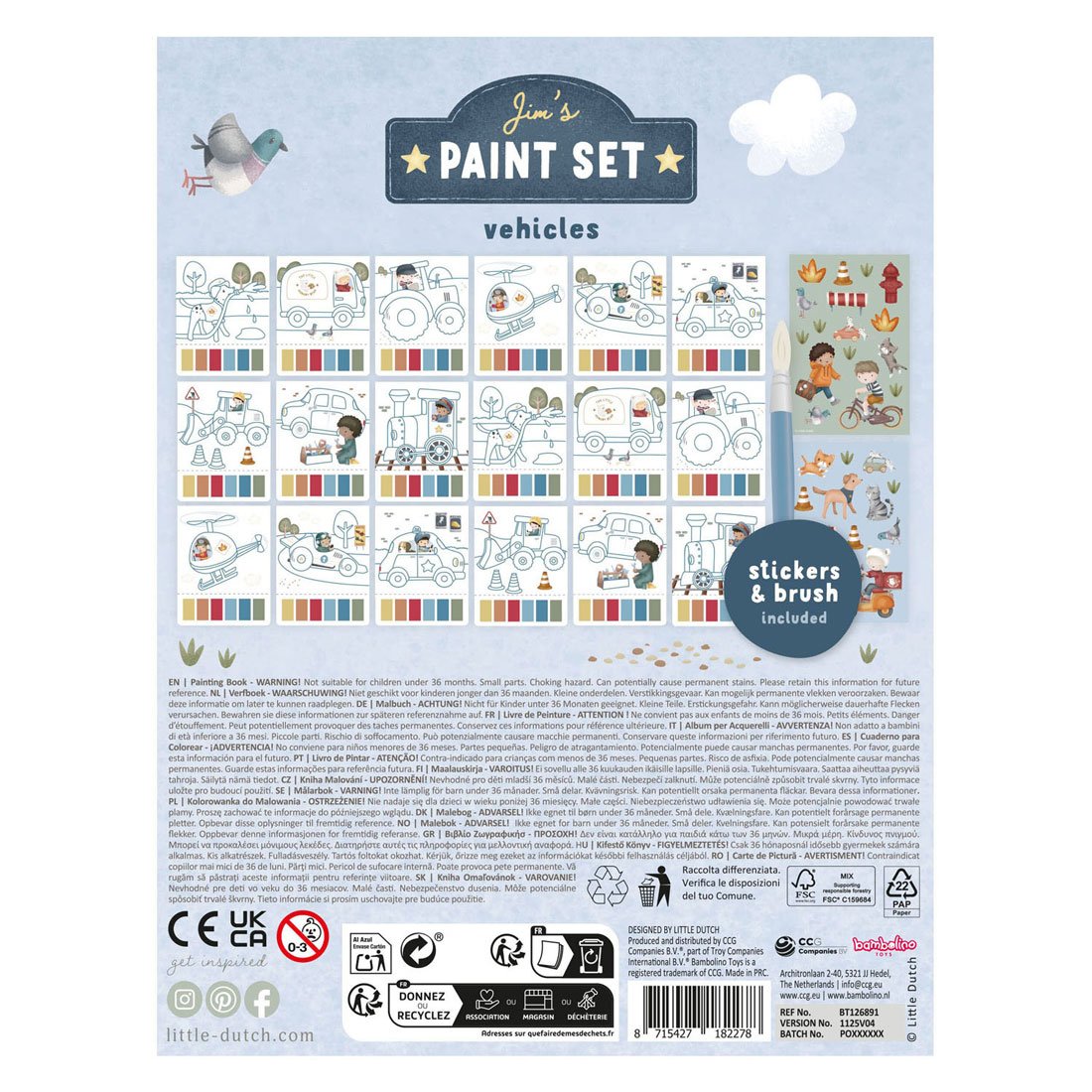 Little Dutch Jim Waterverfset Voertuigen – Inclusief Kwast en Stickers - Afbeelding 2